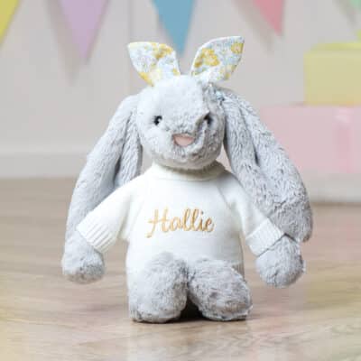 Personalised Jellycat silver bashful bunny with Liberty London felicity sherbert yellow print bunny ears scrunchie Christmas Gifts