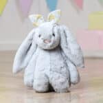 Personalised Jellycat silver bashful bunny with Liberty London felicity sherbert yellow print bunny ears scrunchie Christmas Gifts 4