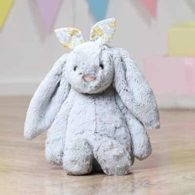 Personalised Jellycat silver bashful bunny with Liberty London felicity sherbert yellow print bunny ears scrunchie Christmas Gifts 2