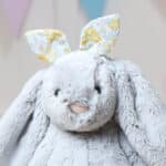 Personalised Jellycat silver bashful bunny with Liberty London felicity sherbert yellow print bunny ears scrunchie Christmas Gifts 7