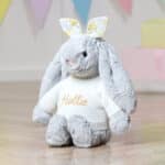 Personalised Jellycat silver bashful bunny with Liberty London felicity sherbert yellow print bunny ears scrunchie Christmas Gifts 6