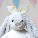 Personalised Jellycat silver bashful bunny with Liberty London felicity sherbert yellow print bunny ears scrunchie Christmas Gifts 5
