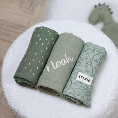 Personalised Trixie Daring Dino 3 pack muslin cloths Comforters and Soothers