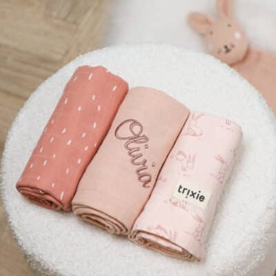 Personalised Trixie Rosy Rabbit 3 pack muslin cloths Comforters and Soothers