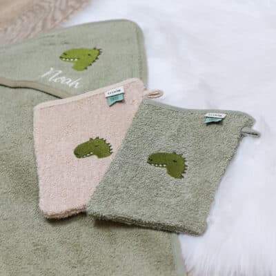 Personalised Trixie Aura Dino 2 pack washcloths Bath Time