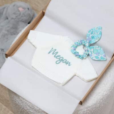Personalised soft toy jumper and Liberty London aqua floral bunny ears scrunchie Christmas Gifts 2