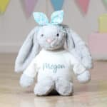 Personalised soft toy jumper and Liberty London aqua floral bunny ears scrunchie Christmas Gifts 4