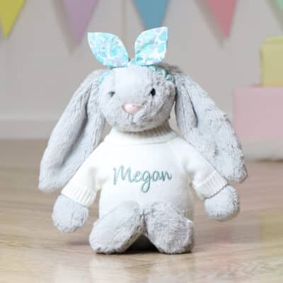 Personalised soft toy jumper and Liberty London aqua floral bunny ears scrunchie Christmas Gifts 3