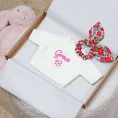 Personalised soft toy jumper and Liberty London betsy cerise floral bunny ears scrunchie Christmas Gifts 2