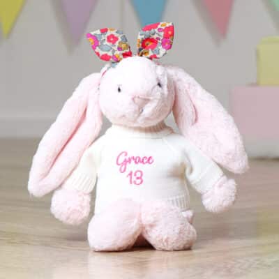 Personalised soft toy jumper and Liberty London betsy cerise floral bunny ears scrunchie Christmas Gifts 3