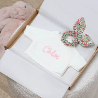 Personalised soft toy jumper and Liberty London Hello Kitty bunny ears scrunchie Christmas Gifts