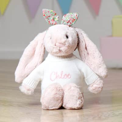Personalised soft toy jumper and Liberty London Hello Kitty bunny ears scrunchie Christmas Gifts 2