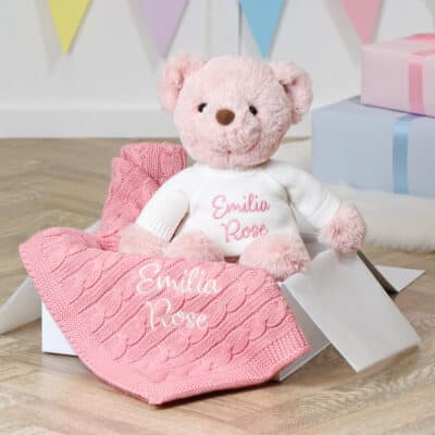 Toffee Moon personalised blush pink cable baby blanket and Aurora teddy bear gift set Aurora