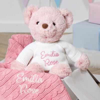 Toffee Moon personalised blush pink cable baby blanket and Aurora teddy bear gift set Aurora 2