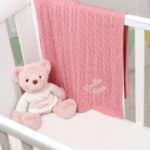 Toffee Moon personalised blush pink cable baby blanket and Aurora teddy bear gift set Aurora 5