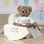 Toffee Moon personalised cream cable baby blanket and Aurora teddy bear gift set Aurora 3