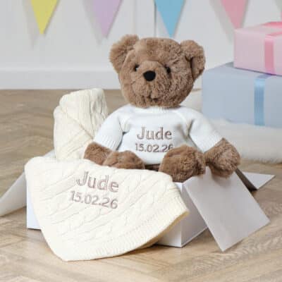 Toffee Moon personalised cream cable baby blanket and Aurora teddy bear gift set Aurora