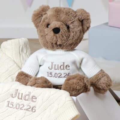 Toffee Moon personalised cream cable baby blanket and Aurora teddy bear gift set Aurora 2