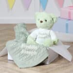 Toffee Moon personalised sage green cable baby blanket and Aurora teddy bear gift set Aurora 3