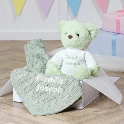 Toffee Moon personalised sage green cable baby blanket and Aurora teddy bear gift set Aurora