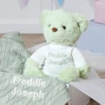 Toffee Moon personalised sage green cable baby blanket and Aurora teddy bear gift set Aurora 4