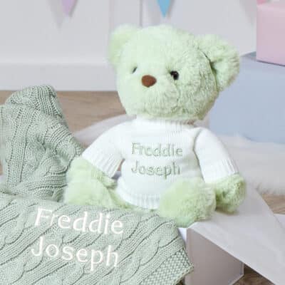 Toffee Moon personalised sage green cable baby blanket and Aurora teddy bear gift set Aurora 2