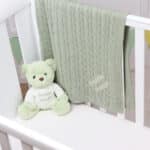Toffee Moon personalised sage green cable baby blanket and Aurora teddy bear gift set Aurora 5