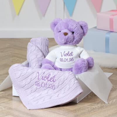 Toffee Moon personalised lilac cable baby blanket and Aurora teddy bear gift set Aurora