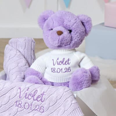 Toffee Moon personalised lilac cable baby blanket and Aurora teddy bear gift set Aurora 2