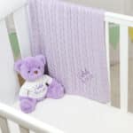 Toffee Moon personalised lilac cable baby blanket and Aurora teddy bear gift set Aurora 5