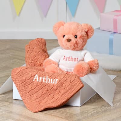 Toffee Moon personalised toast cable baby blanket and Aurora teddy bear gift set Aurora 2