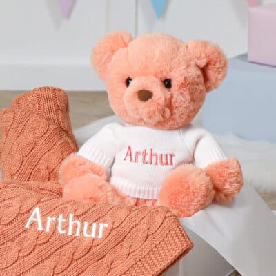 Toffee Moon personalised toast cable baby blanket and Aurora teddy bear gift set Aurora 3