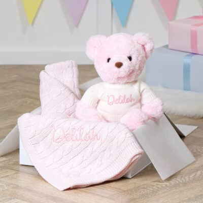 Toffee Moon personalised petal pink cable baby blanket and Aurora teddy bear gift set Aurora