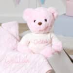 Toffee Moon personalised petal pink cable baby blanket and Aurora teddy bear gift set Aurora 4