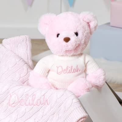 Toffee Moon personalised petal pink cable baby blanket and Aurora teddy bear gift set Aurora 2
