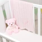 Toffee Moon personalised petal pink cable baby blanket and Aurora teddy bear gift set Aurora 5