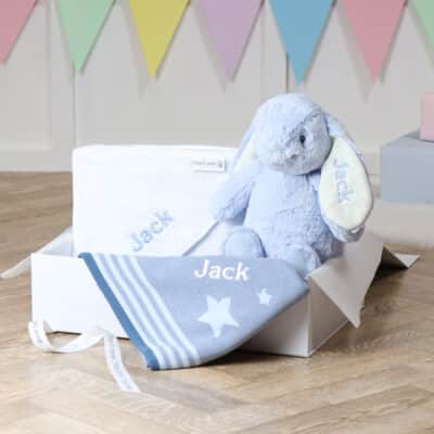 Personalised Ziggle star baby blanket, hooded towel and Aurora rabbit blue gift set Aurora