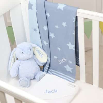 Personalised Ziggle star baby blanket, hooded towel and Aurora rabbit blue gift set Aurora 2