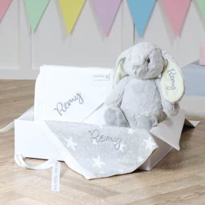 Personalised Star baby blanket, hooded towel and Aurora rabbit grey gift set Aurora