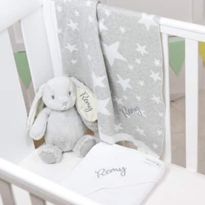Personalised Star baby blanket, hooded towel and Aurora rabbit grey gift set Aurora 2