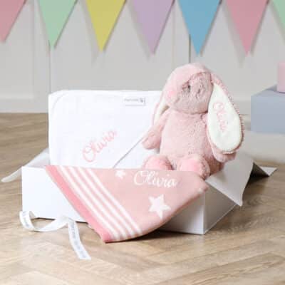 Personalised Ziggle star baby blanket, hooded towel and Aurora rabbit pink gift set Aurora 2