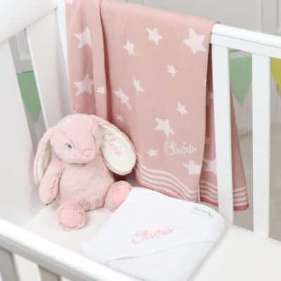 Personalised Ziggle star baby blanket, hooded towel and Aurora rabbit pink gift set Aurora 3