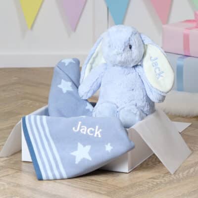 Personalised Ziggle star baby blanket and Aurora rabbit blue gift set Aurora