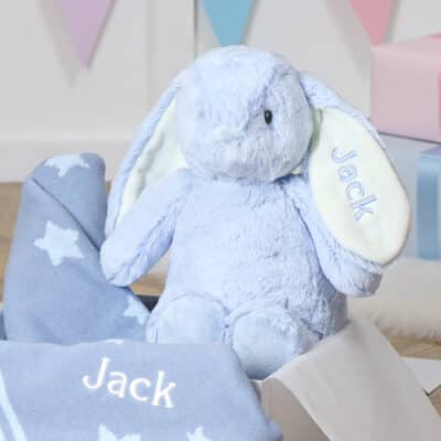 Personalised Ziggle star baby blanket and Aurora rabbit blue gift set Aurora 2