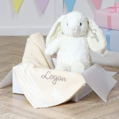Personalised Ziggle star baby blanket and Aurora rabbit cream gift set Aurora