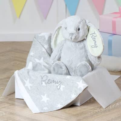 Personalised Star baby blanket and Aurora rabbit grey gift set Aurora 2