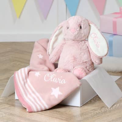Personalised Ziggle star baby blanket and Aurora rabbit pink gift set Aurora