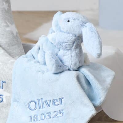 Personalised Jellycat bashful bunny pale blue soother and grey star blanket gift set Comforters and Soothers 2