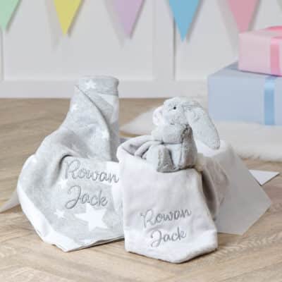 Personalised Jellycat bashful bunny silver soother and grey star blanket gift set Comforters and Soothers