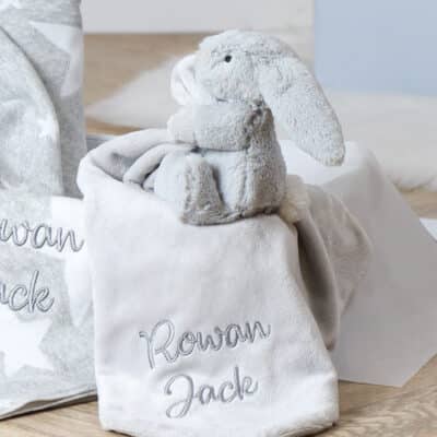 Personalised Jellycat bashful bunny silver soother and grey star blanket gift set Comforters and Soothers 2